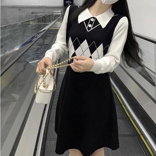 春秋新款【韩系学院风 polo领菱格】拼接假两件 长袖针织连衣裙 商品图2
