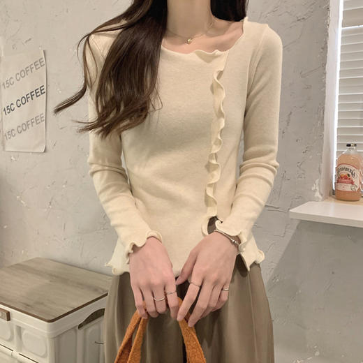 春秋款【木耳边打底衫女 洋气内搭针织衫毛衣】不规则设计感 长袖别致上衣 商品图0