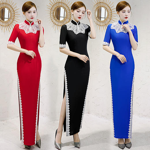 秋冬长款改良版，年轻款中袖礼仪婚宴走秀旗袍QC915 商品图0