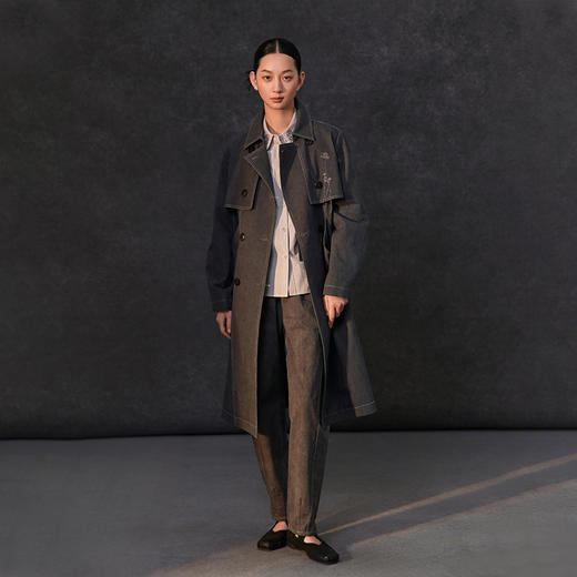 Famecoco松紧腰复古做旧炒色直筒裤女高腰百搭休闲长裤FAC1GA003 商品图3