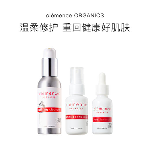 保税直发clemence ORGANICS 敏感肌保湿维稳套组（玫瑰无泡洁面乳 100mL+益生修护喷雾 50mL+玫瑰果修护精华油 30mL） 商品图0