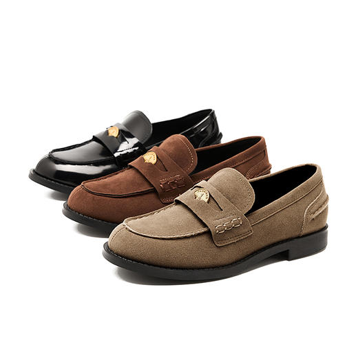 西遇英伦风乐福鞋女新款春季复古金币漆皮单鞋黑色平底小皮鞋D0046409/D0046410 商品图4