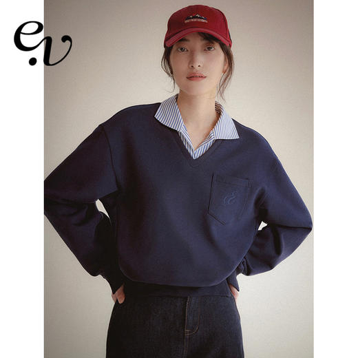 Even Vintage|秋季叠穿感 拼接条纹假两件字母刺绣休闲简约卫衣女 商品图0