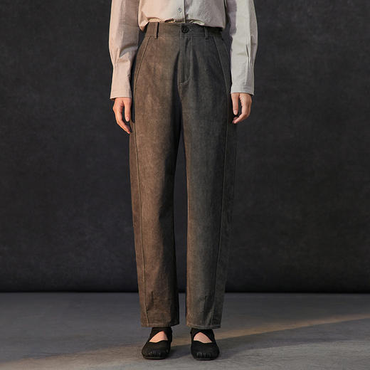 Famecoco松紧腰复古做旧炒色直筒裤女高腰百搭休闲长裤FAC1GA003 商品图1