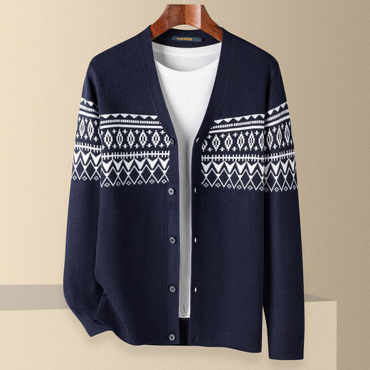【民族风】罗蒙复古风撞色提花针织开衫男秋冬针织衫男士毛衣男外套男 商品图1