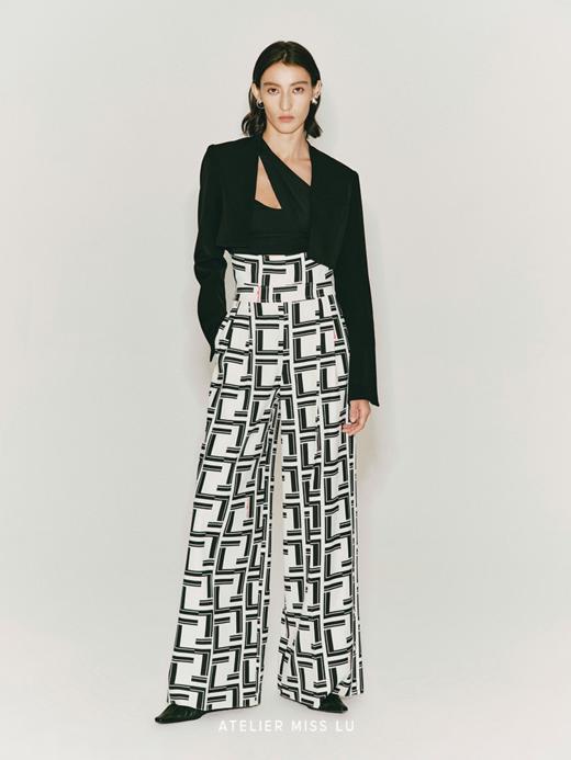 【迷宫】品牌定制字母印花超高腰挺括阔腿长裤 商品图0