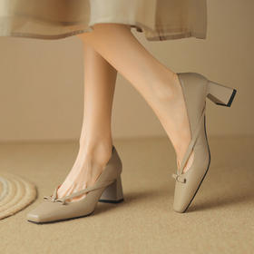 复古百搭优雅粗跟蝴蝶结V口单鞋，软皮高跟方头浅口通勤单鞋LD&6691