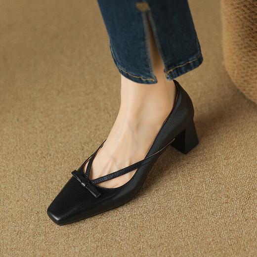 复古百搭优雅粗跟蝴蝶结V口单鞋，软皮高跟方头浅口通勤单鞋LD&6691 商品图3