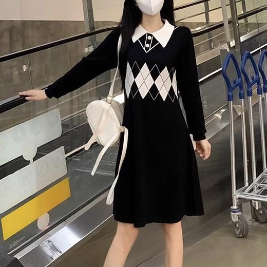 春秋新款【韩系学院风 polo领菱格】拼接假两件 长袖针织连衣裙 商品图1