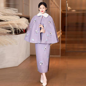 LJQ-858紫色旗袍秋冬毛呢刺绣两件套，高端大气长款改良版连衣裙