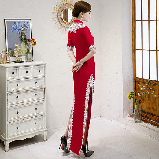 秋冬长款改良版，年轻款中袖礼仪婚宴走秀旗袍QC915 商品图3