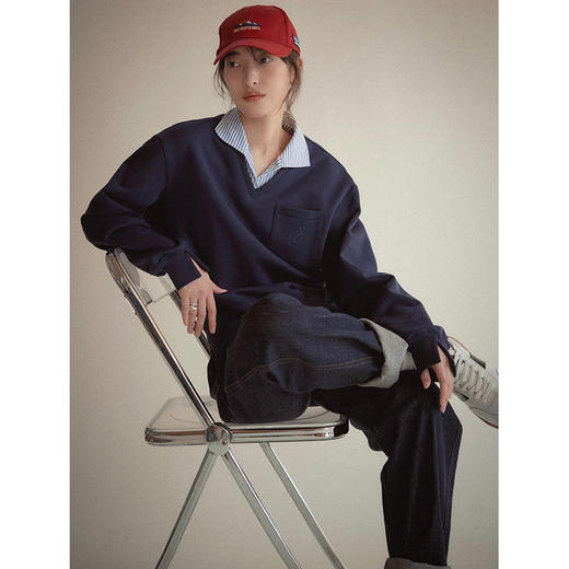 Even Vintage|秋季叠穿感 拼接条纹假两件字母刺绣休闲简约卫衣女 商品图2