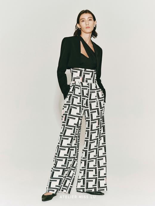 【迷宫】品牌定制字母印花超高腰挺括阔腿长裤 商品图2