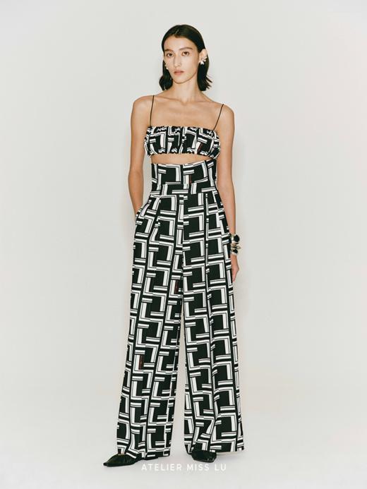 【迷夜】品牌定制字母印花超高腰挺括阔腿长裤 商品图1