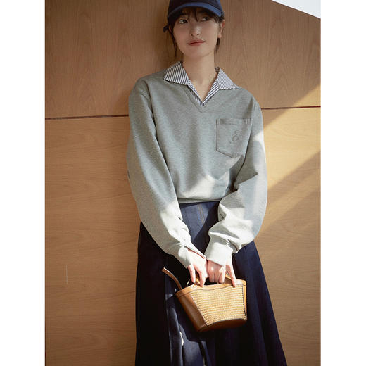 Even Vintage|秋季叠穿感 拼接条纹假两件字母刺绣休闲简约卫衣女 商品图1