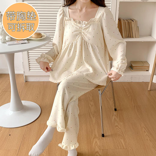 春秋款睡衣女【带胸垫长袖 花边套装】甜美公主风 V领薄款 家居服女 商品图3