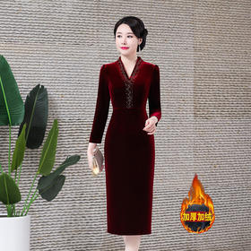 加绒加厚时尚修身丝绒旗袍改良气质修身中长款HYX7393