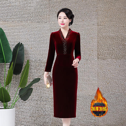 加绒加厚时尚修身丝绒旗袍改良气质修身中长款HYX7393 商品图0