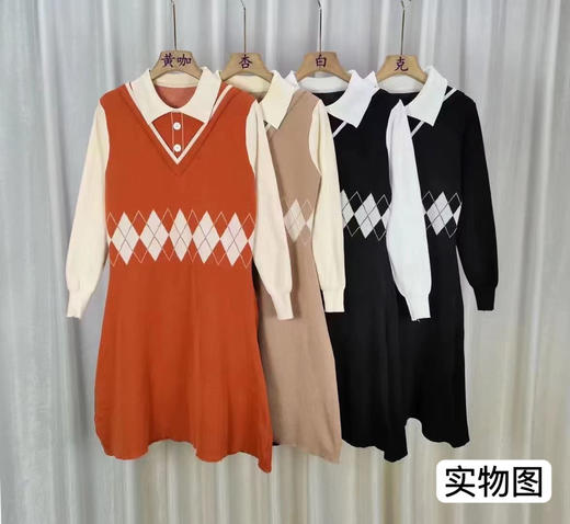 春秋新款【韩系学院风 polo领菱格】拼接假两件 长袖针织连衣裙 商品图7