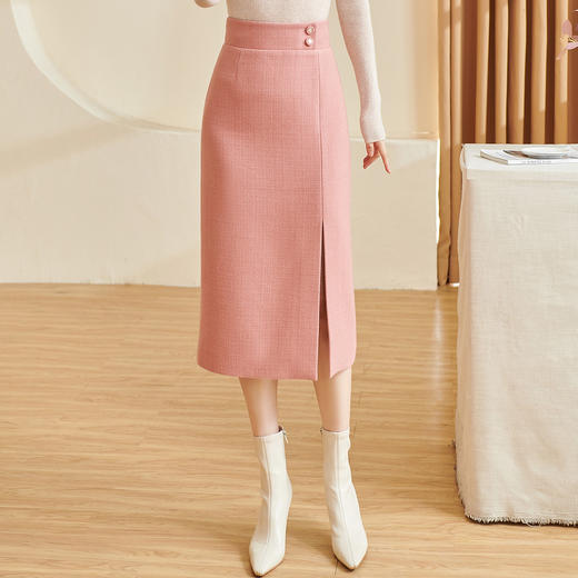 剩M 米思阳2026春季新款精致简约高腰半裙修身开叉直筒小香风裙子3500 商品图1