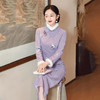 LJQ-858紫色旗袍秋冬毛呢刺绣两件套，高端大气长款改良版连衣裙 商品缩略图2