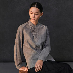 Famecoco复古新中式立领手工花朵刺绣衬衫女棉长袖衬衣FAC1BA001