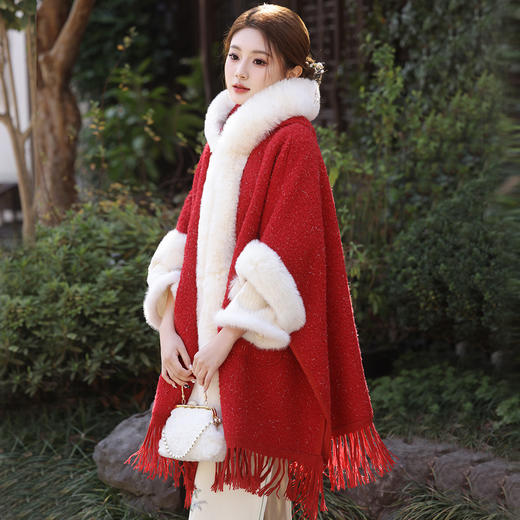 冬款古风披肩，新年大毛领纯色外套加厚保暖斗篷流苏外搭MLS-135 商品图3