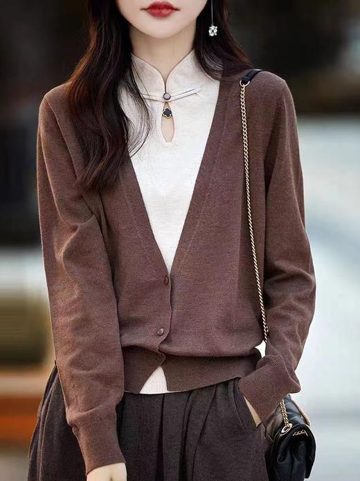 丁摩100%精纺羊毛复古中国风假两件开衫女旗袍领盘扣套头毛衣宽松羊毛针织外套ALNS3170659987 商品图7