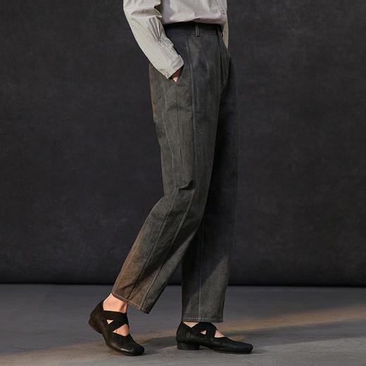 Famecoco松紧腰复古做旧炒色直筒裤女高腰百搭休闲长裤FAC1GA003 商品图2