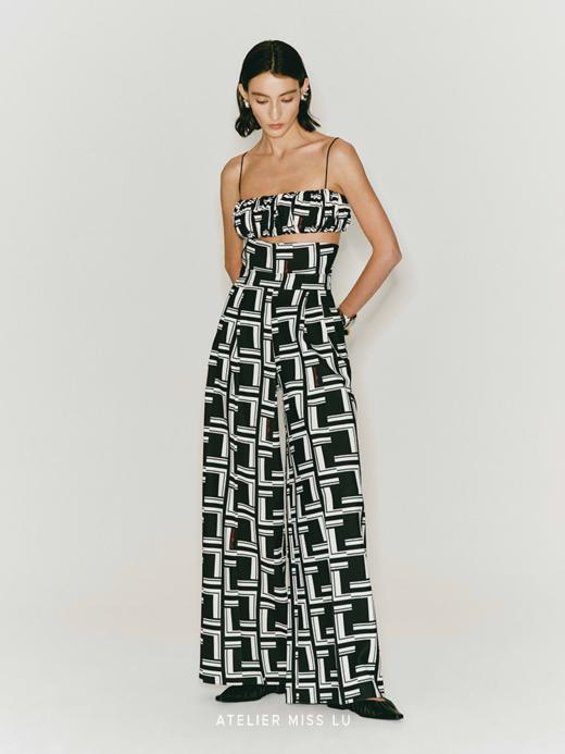 【迷夜】品牌定制字母印花超高腰挺括阔腿长裤 商品图0