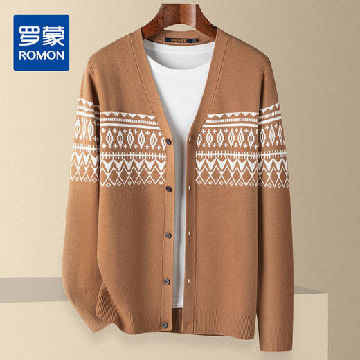 【民族风】罗蒙复古风撞色提花针织开衫男秋冬针织衫男士毛衣男外套男 商品图0