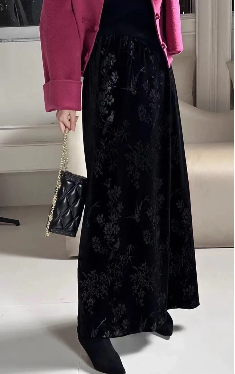 A7114       新中式国风复古贵气丝绒提花中长款半身裙