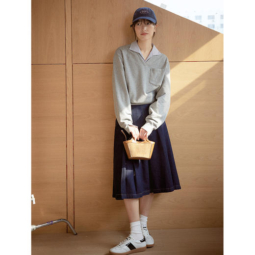 Even Vintage|秋季叠穿感 拼接条纹假两件字母刺绣休闲简约卫衣女 商品图3