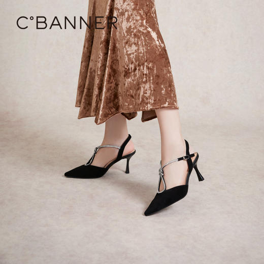 千百度羊皮高跟鞋夏季尖头细跟后空绝美时装半凉鞋女通勤A24241112 商品图0