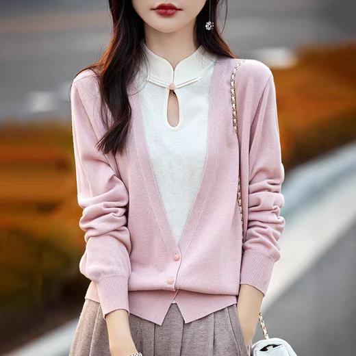 丁摩100%精纺羊毛复古中国风假两件开衫女旗袍领盘扣套头毛衣宽松羊毛针织外套ALNS3170659987 商品图2
