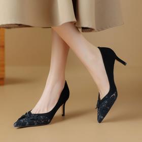 法式气质尖头浅口单鞋，黑色细跟高跟鞋YS&516