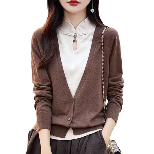 丁摩100%精纺羊毛复古中国风假两件开衫女旗袍领盘扣套头毛衣宽松羊毛针织外套ALNS3170659987 商品图4