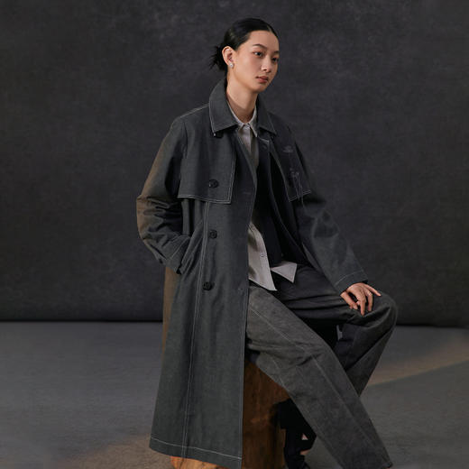 famecoco复古手工绣花斜纹棉风衣女士春季长款大衣FAC1AT002 商品图3