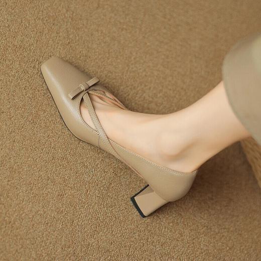 复古百搭优雅粗跟蝴蝶结V口单鞋，软皮高跟方头浅口通勤单鞋LD&6691 商品图2