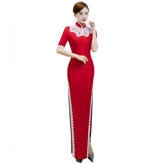 秋冬长款改良版，年轻款中袖礼仪婚宴走秀旗袍QC915 商品图4