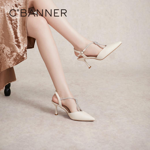 千百度羊皮高跟鞋夏季尖头细跟后空绝美时装半凉鞋女通勤A24241112 商品图4