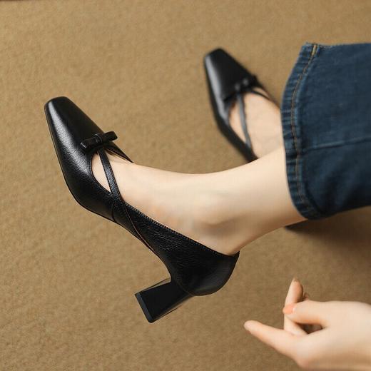 复古百搭优雅粗跟蝴蝶结V口单鞋，软皮高跟方头浅口通勤单鞋LD&6691 商品图4