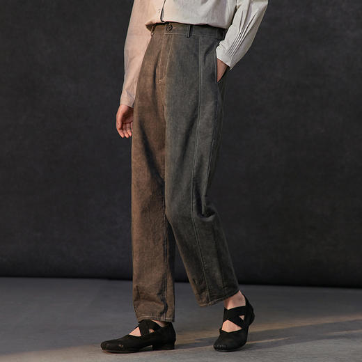 Famecoco松紧腰复古做旧炒色直筒裤女高腰百搭休闲长裤FAC1GA003 商品图0