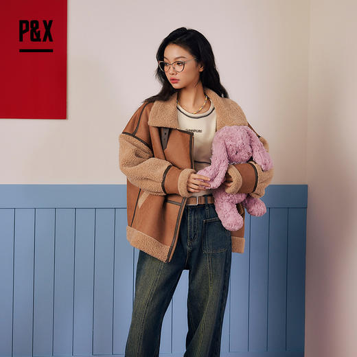 PX女装春季新款 皮毛一体短款外套时尚拼接 824113748 咖色 商品图0
