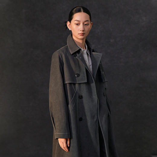 famecoco复古手工绣花斜纹棉风衣女士春季长款大衣FAC1AT002 商品图4