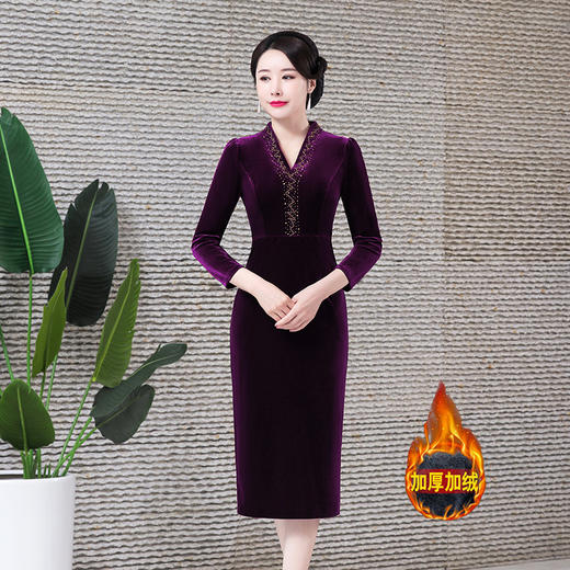 加绒加厚时尚修身丝绒旗袍改良气质修身中长款HYX7393 商品图2