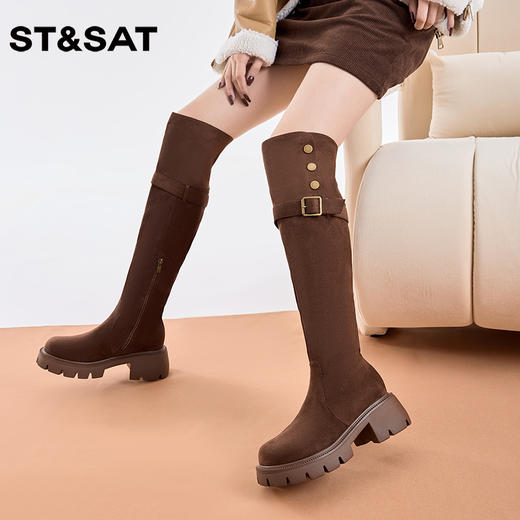 星期六复古绒面扣带厚底瘦瘦靴SS3411BI63 商品图2