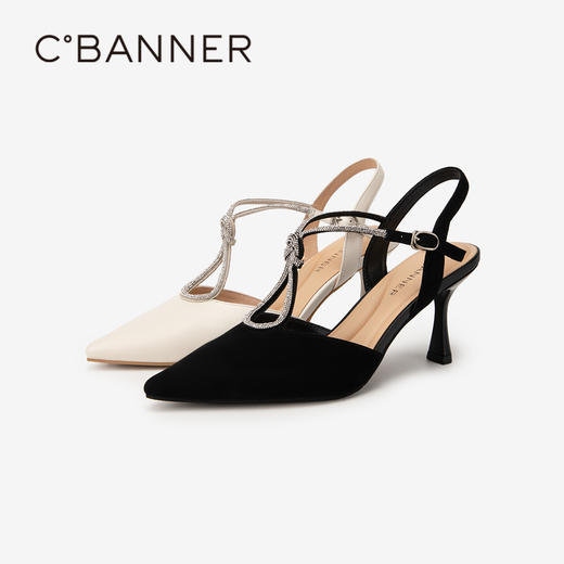 千百度羊皮高跟鞋夏季尖头细跟后空绝美时装半凉鞋女通勤A24241112 商品图1