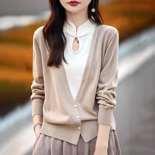 丁摩100%精纺羊毛复古中国风假两件开衫女旗袍领盘扣套头毛衣宽松羊毛针织外套ALNS3170659987 商品图1