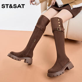 星期六复古绒面扣带厚底瘦瘦靴SS3411BI63